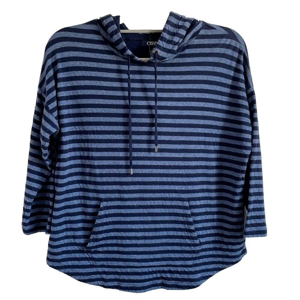 Chaps Shirt Womens Medium Blue Stripe Kangaroo Pocket Hoodie Sweater Goprcore